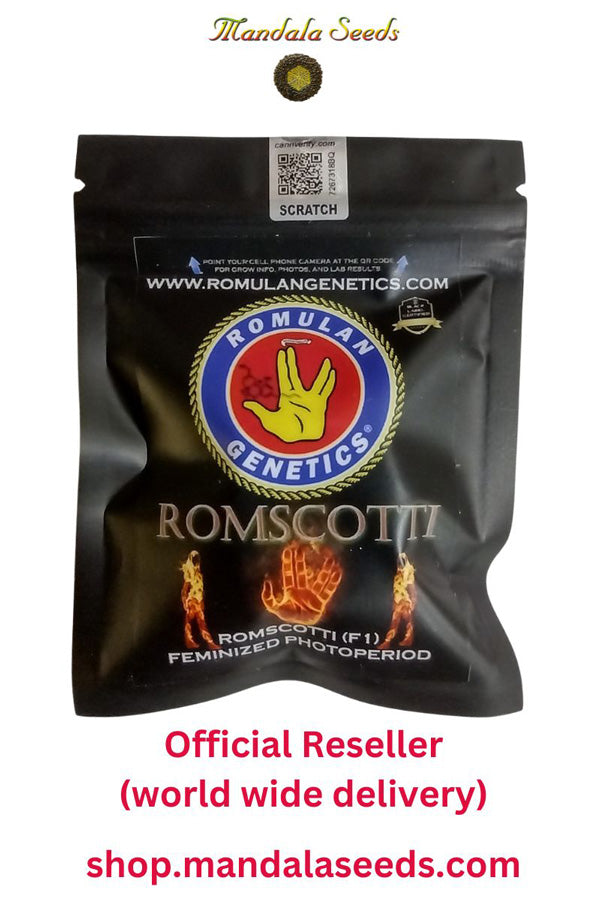 Black packaging of Romulan Genetics with brand logo and text on a white background